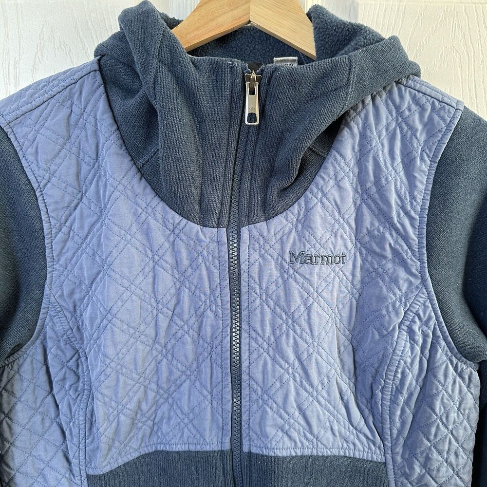 Marmot Jacket Womens Medium Navy Coda Fleece Quilted Polartec Hooded Outdoor Ski - Picture 2 of 10